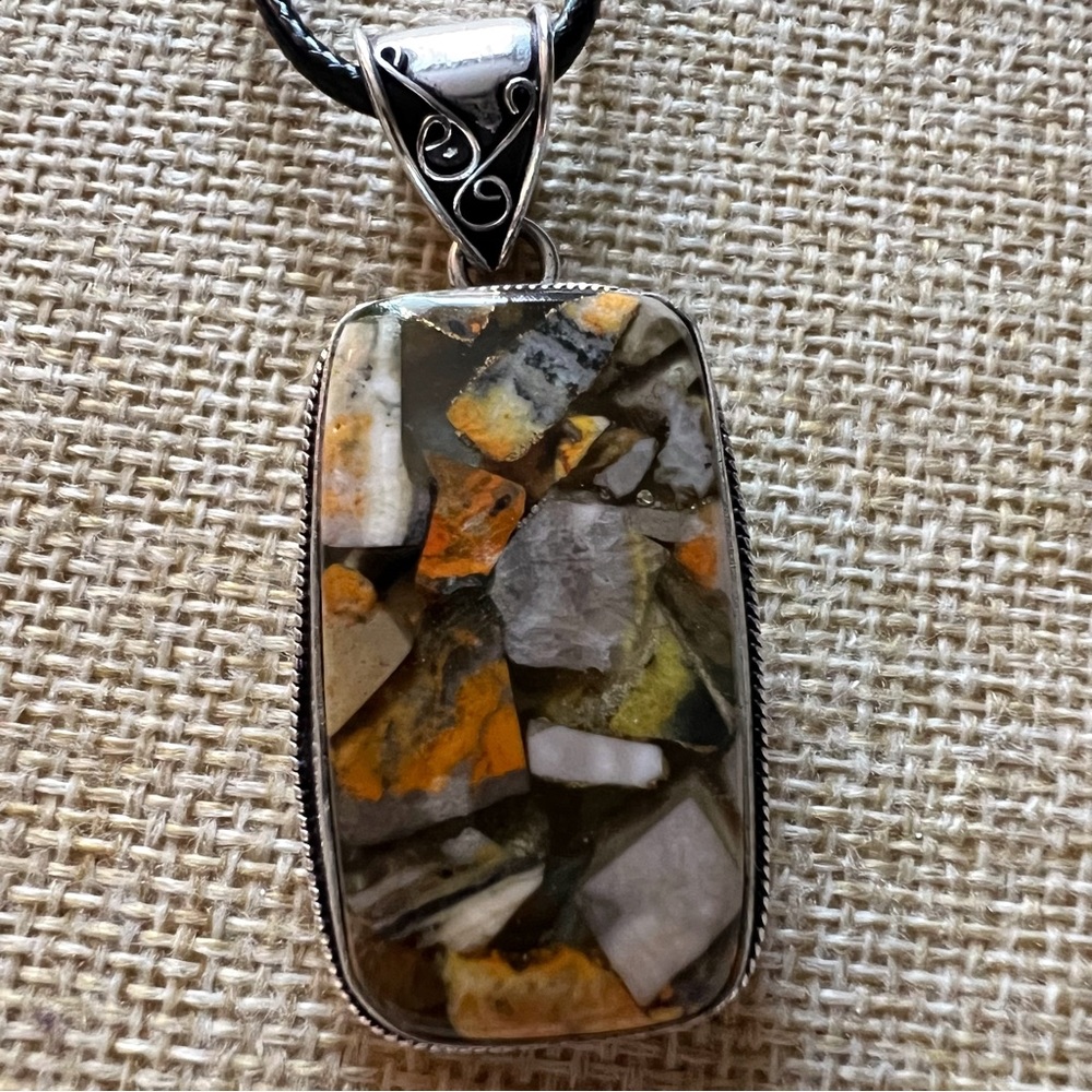 New Brecciated Bumblebee Jasper Silver Overlay Pendant Necklace